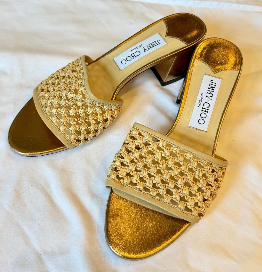 Jimmy Choo Minea 45 Woven Raffia and Gold Leather Block Heel Slide Sandals